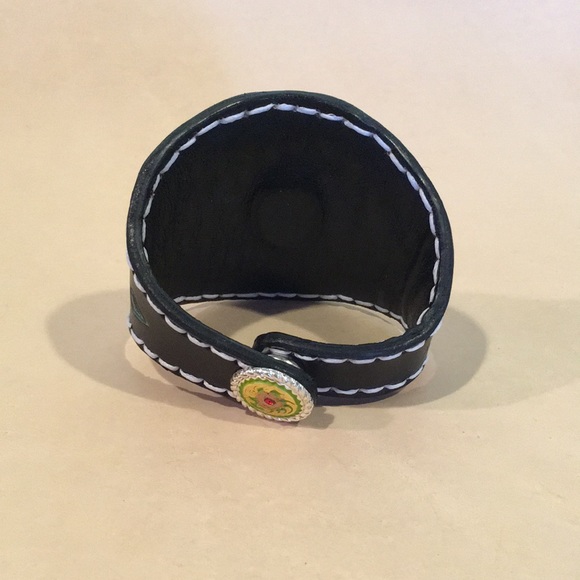 Tooled Leather Cuff Bracelet Carved Labradorite Face Inlay Boho Mandala Style - Picture 5 of 12